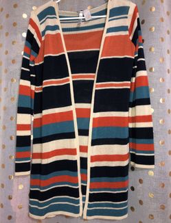 Absolutely size medium long striped open front sweater with a hood BUST: 28” LENGTH: 31” SLEEVE: 25”