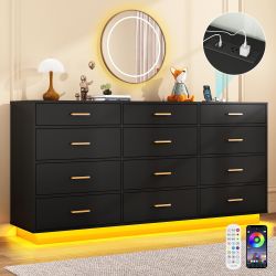 White 12 Drawers Dresser w/Power Outlet,60000-Colors Lights for Kids Bedroom,Modern 63In Long Dresser for Closet,Wooden Tall Dressers w/Large Storage 