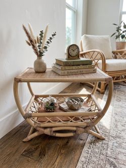 Boho Rattan Side Table with Storage Shelf