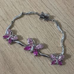Light And Dark Pink CZ butterfly Bracelet In Sterling Silver