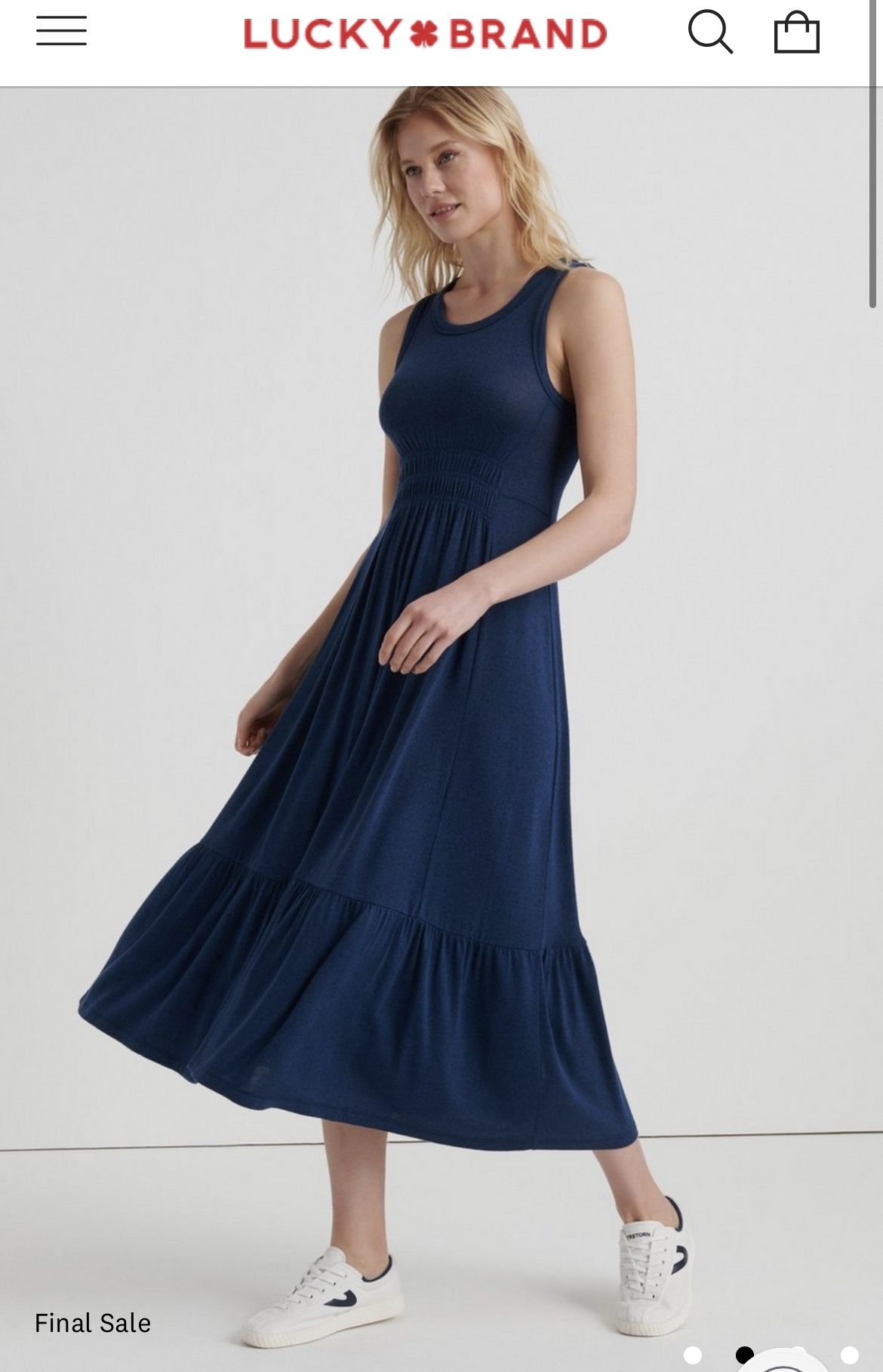 New Lucky Brand Women’s Navy Blue Scoop Neck Smocked Tiered Maxi Dress Size Medium