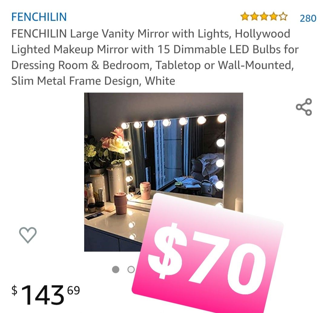 FENCHILIN Large Vanity Mirror, Hollywood Lighted Makeup Mirror with 15 Dimmable LED Bulbs, espejo con luz (CRACKED ON CORNER)