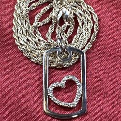 Vintage 925 Silver Heart Pendant With 8 Diamonds On Sterling Necklace Rope Chain