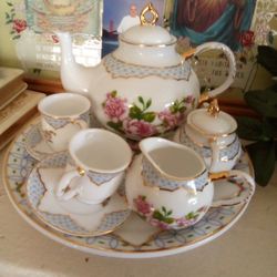 NEW Miniature Tea Service Set Pink Roses 7 Pc