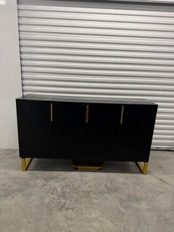 Modern Black Sideboard with Faux Marble Top and Gold Accents