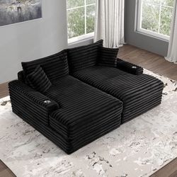 BLACK DOULE CHAISE SOFA LOUNGE CELL CHARGER PADDED CHENILLE