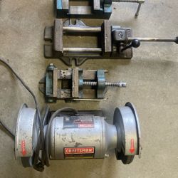 3 Small Fabricating Vise And 6” Bench Grinder