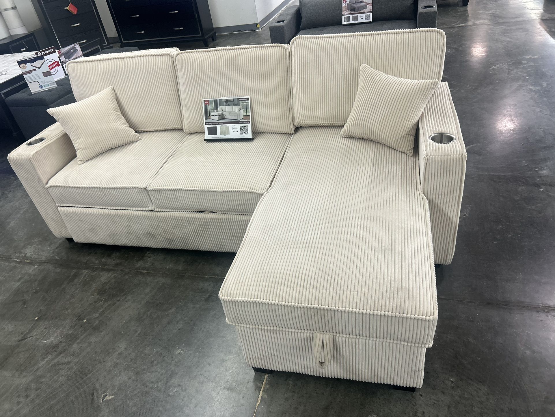 Convertible Sectional (beige) corduroy style