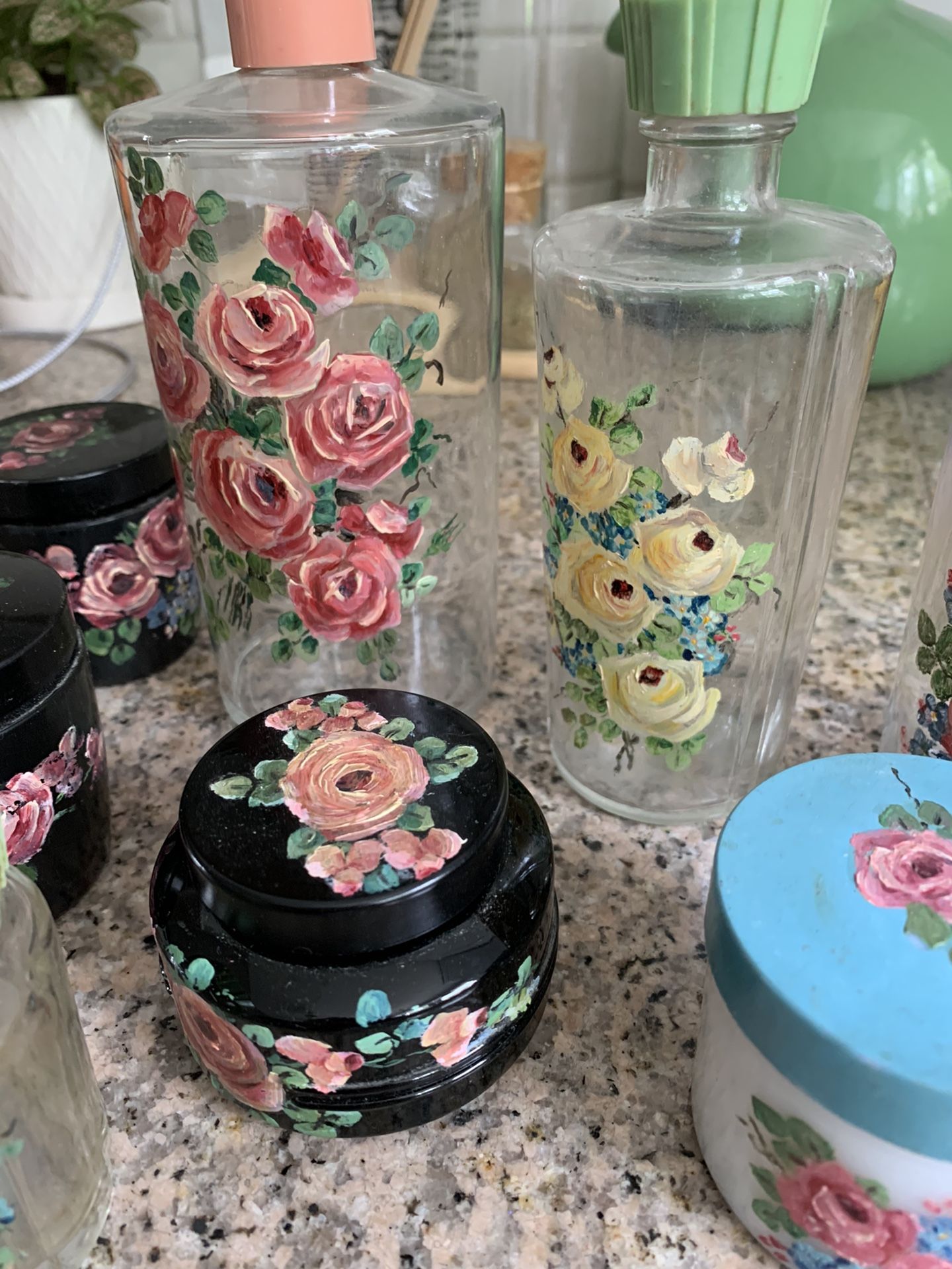 Antique Handpainted Cosmetic Glass Jars & Bottles