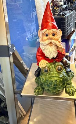 Garden Gnome Riding Frog Statue