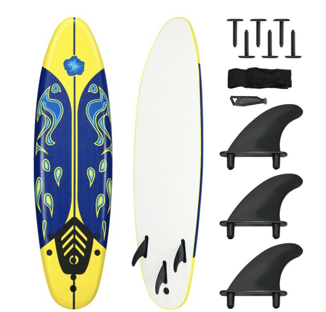 Brand new in box  6' Surfboard Foamie Body Surfing Board W/3 Fins & Leash for Kids Adults Yellow