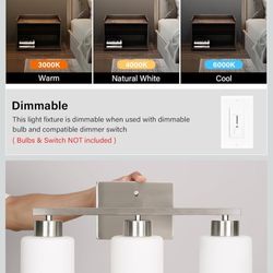 Brushed Nickel Bathroom Light Fixtures, 3-Light Modern Vanity Light Over Mirror, Wall Sconces with Milky White Frosted Glass Shades, E26 Socket (Bulbs