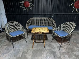 Wicker/Metal Patio Bench w/ 2 Wicker/Metal Patio Chairs w/ Cushions & Middle Folding Bamboo Table