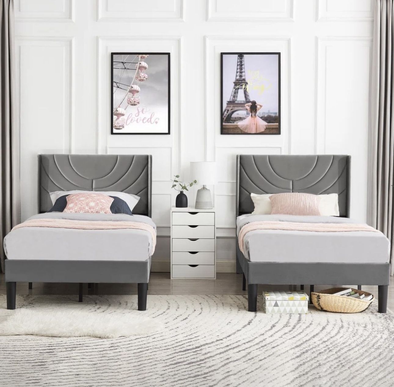 Velvet Twin Bed Frames (2) + Mattress
