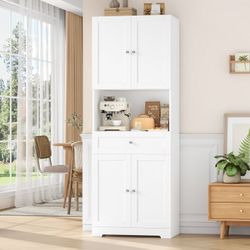 67.5'' Tall Kitchen Pantry with Microwave Shelf, Large Storage Drawer Wood Pantry Storage Cabinet for Dining Room Living Room, White