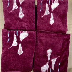 SET of 4 Bath / Wash Towels  24 x 42 Dark Burgundy Embroidered Floral. Never Used! 