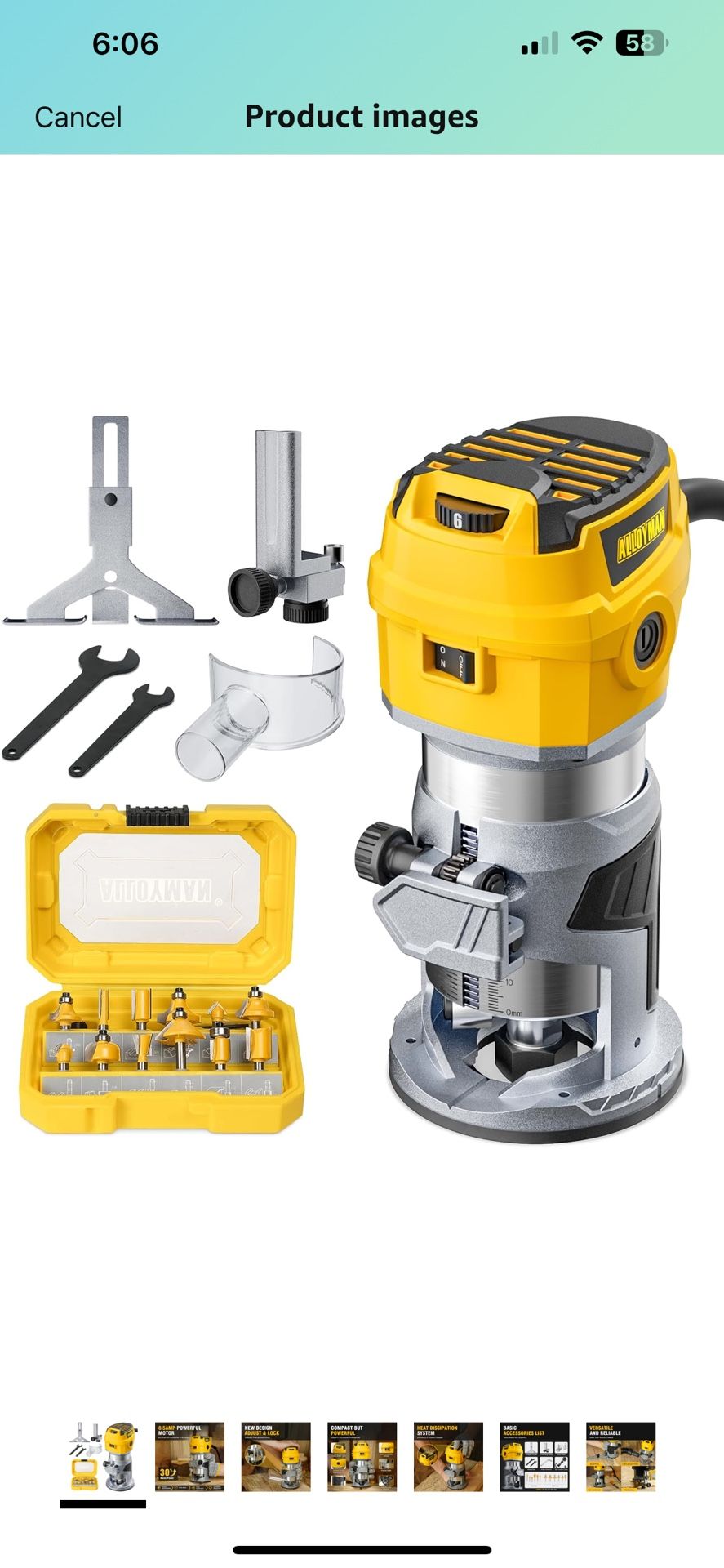Alloyman Router Tool, 8.5Amp Wood Router, Max 30000 RPM Handheld Palm Router, 6 Variable Speed, 12Pcs Wood Compact Router Bits, 950W Wood Trim Routers