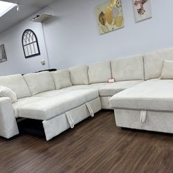 Beige Corduroy Sectional + USB Ports