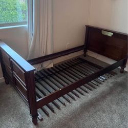 Dark Wood Twin Over Full Size Bunk Bed With Twin Mattress