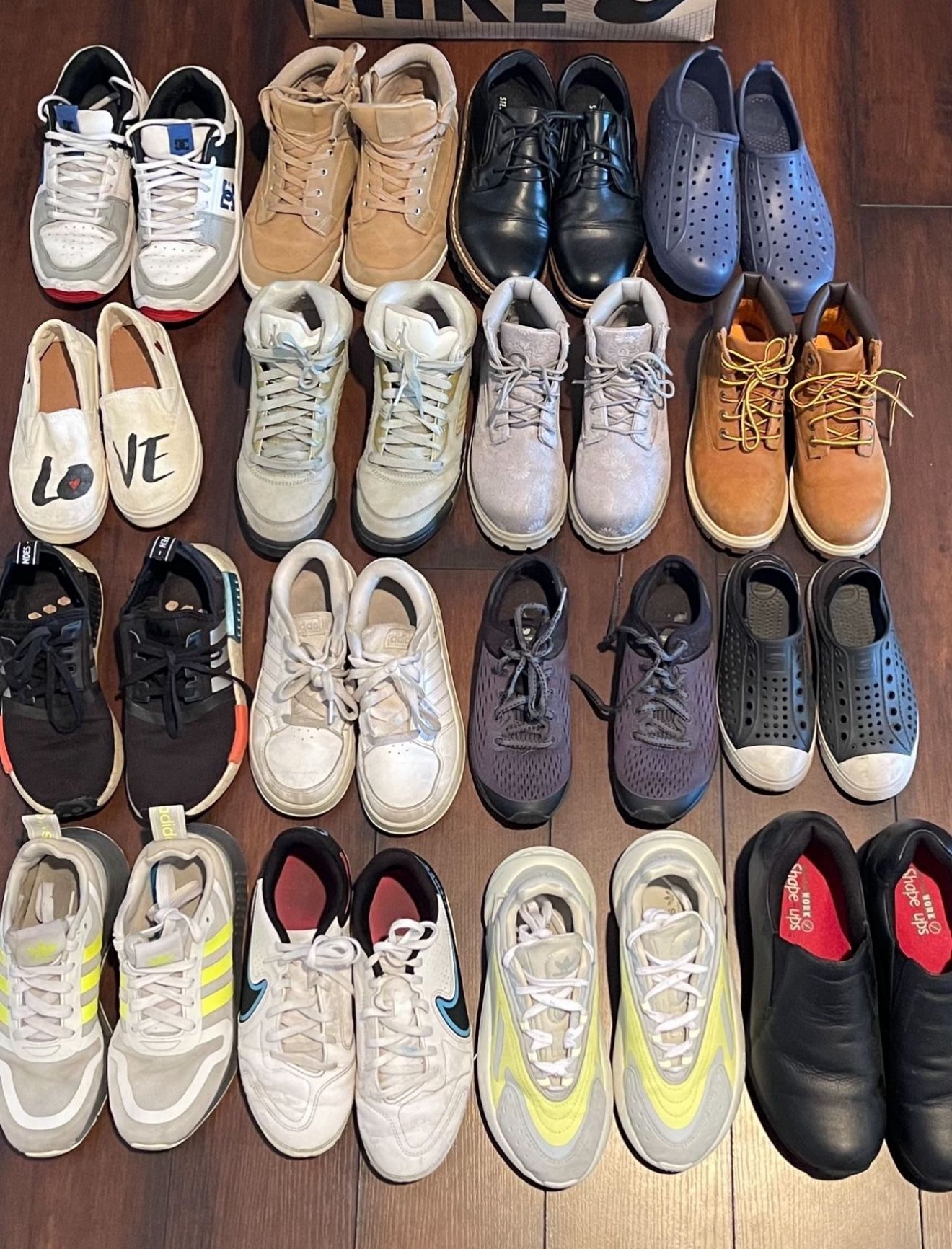 Kids Shoes up left to Right DC size 4y $10 Boots light brown size 4Y $15 Black dress shoes size 4Y $15 Robber water shoes 2.5y $5 White Tom's Girl siz