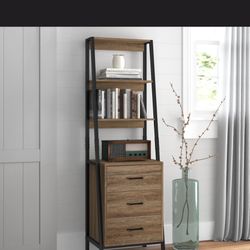 Powley 68.9"H Metal Frame Ladder Bookcase: Modern Tall Display Shelf with Wood Shelves