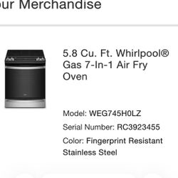 New in box Whirlpool 5.8 cu ft Gas 7 in 1 Air Fry Oven