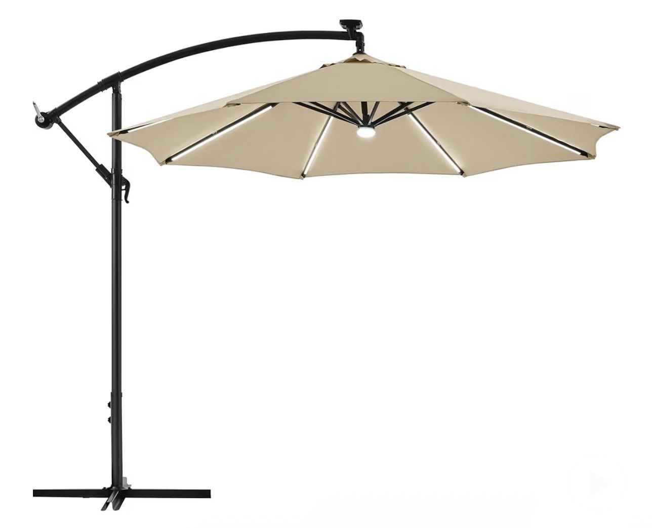 10 FT Solar Powered LED Patio Umbrella Outdoor Cantilever Umbrella UV Protection & Windproof Offset Hanging Sunshade w/Strip Lights & Hub Light for