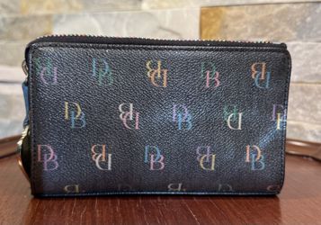 Dooney & Bourke Sm Coin Pouch Wallet Logo Rainbow Zipper Pink Heart Charm EUC