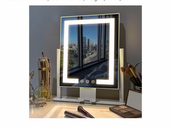 Vanity Mirror with Lights, 14" × 12" LED Makeup Mirror, Lighted Makeup Mirror with 10X Spot Mirror, Smart Touch 3 Colors Dimmable, 360° Rotation, Plug