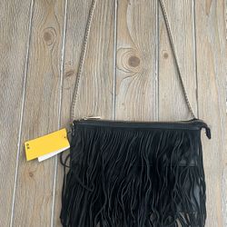 NWT Suede Black Fringe Purse with Gold Chain Hardware