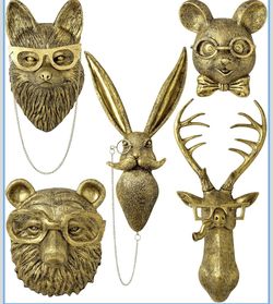 montresor 5 PCS Animals Head Wall Art Sculptures 17 inchs Gold Office Vintage 3D Wall Decor Art for Whimsigoth Home Wall Decor Lightweight Material 