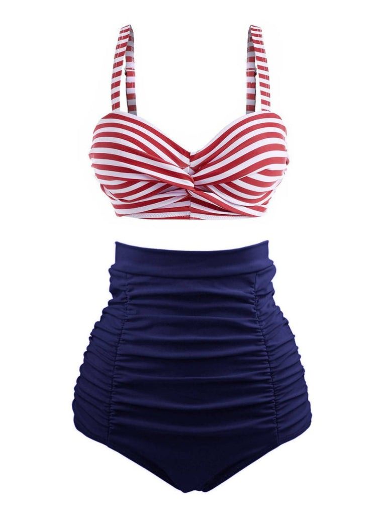1940s Striped Colorblock Retro Bikini Set - Red/White/Blue / (S)