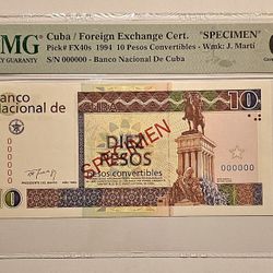 10 Pesos Specimen Convertible Cuba PMG 66