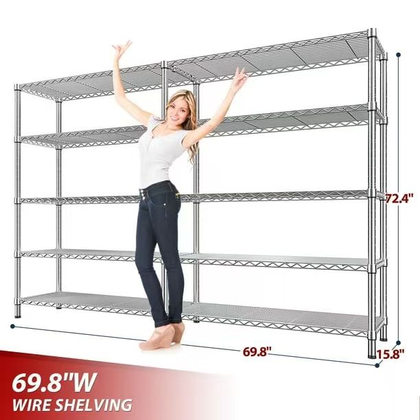 69.8" Wide Chrome Storage Shelves for Garage Wire Shelving Unit 5 Tier Adjustable Shelving