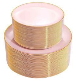 New/Open Box (Factory Sealed)
100PCS Pink Plastic Plates - Heavy Duty Pink and Gold Disposable for Party, Wedding, Mother's Day Include 50 Each (Dinne