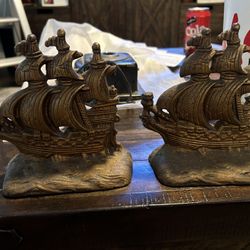 Heavy Antique Bronze Ship Bookends 