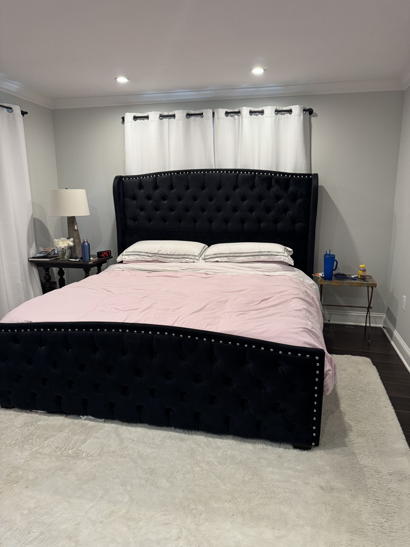 MOVING, MUST SELL, TOO BIG for NEW HOME,  GORGEOUS UPHOLSTERED KING SIZE BED FRAME WITH TALL TUFTED WINGED HEADBOARD AND FOOTBOARD & 14” Mattress