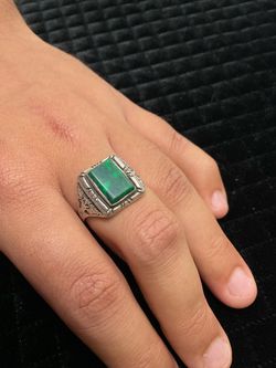 Vintage Sterling Silver Men's Signet Ring with Rectangle Green Gemstone
