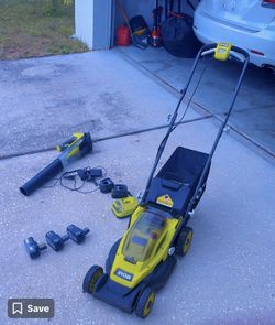 Ryobi Mower And Batteries With Charger