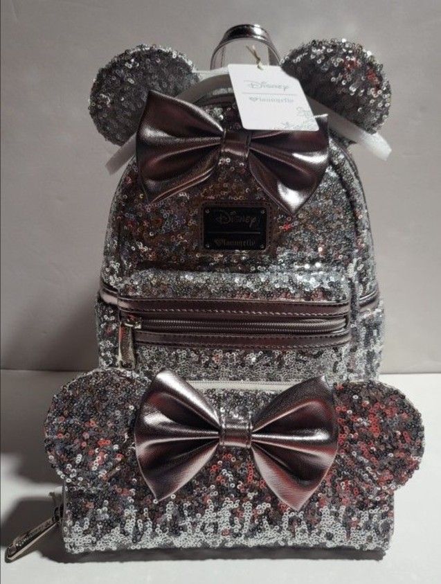 Loungefly VINTAGE Silver HEART LOGO BACKPACK AND WALLET INCLUDED VERY RARE NEW WITH TAGS ONLY ((1000 MADE 2015))
