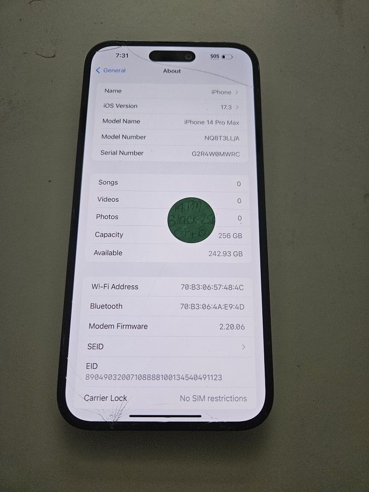 IPHONE 14 PRO MAX 256GB CRACKED FRONT AND BACK