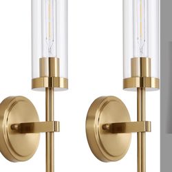 Hardwired Gold Wall Sconces Set of 2, Modern Bathroom Sconces Wall Lighting Vanity Light Fixtures with Clear Glass, Brushed Brass Wall Decor Lights fo