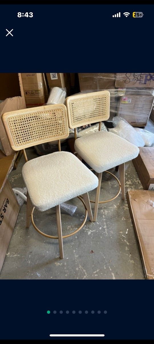 Zesthouse 26.2" Rattan Counter Stools Set of 2, Swivel Sherpa Counter Height Bar Stools with Cane Back and Wooden Legs, Mid Century Barstools for Kitc