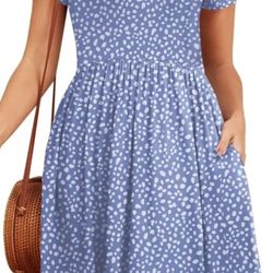 Woman Casual Soft Swing V Neck Sundress with Pockets