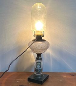 Antique Late 1800s Patterned Glass Reverse Painted Stem Kerosene Oil Lamp