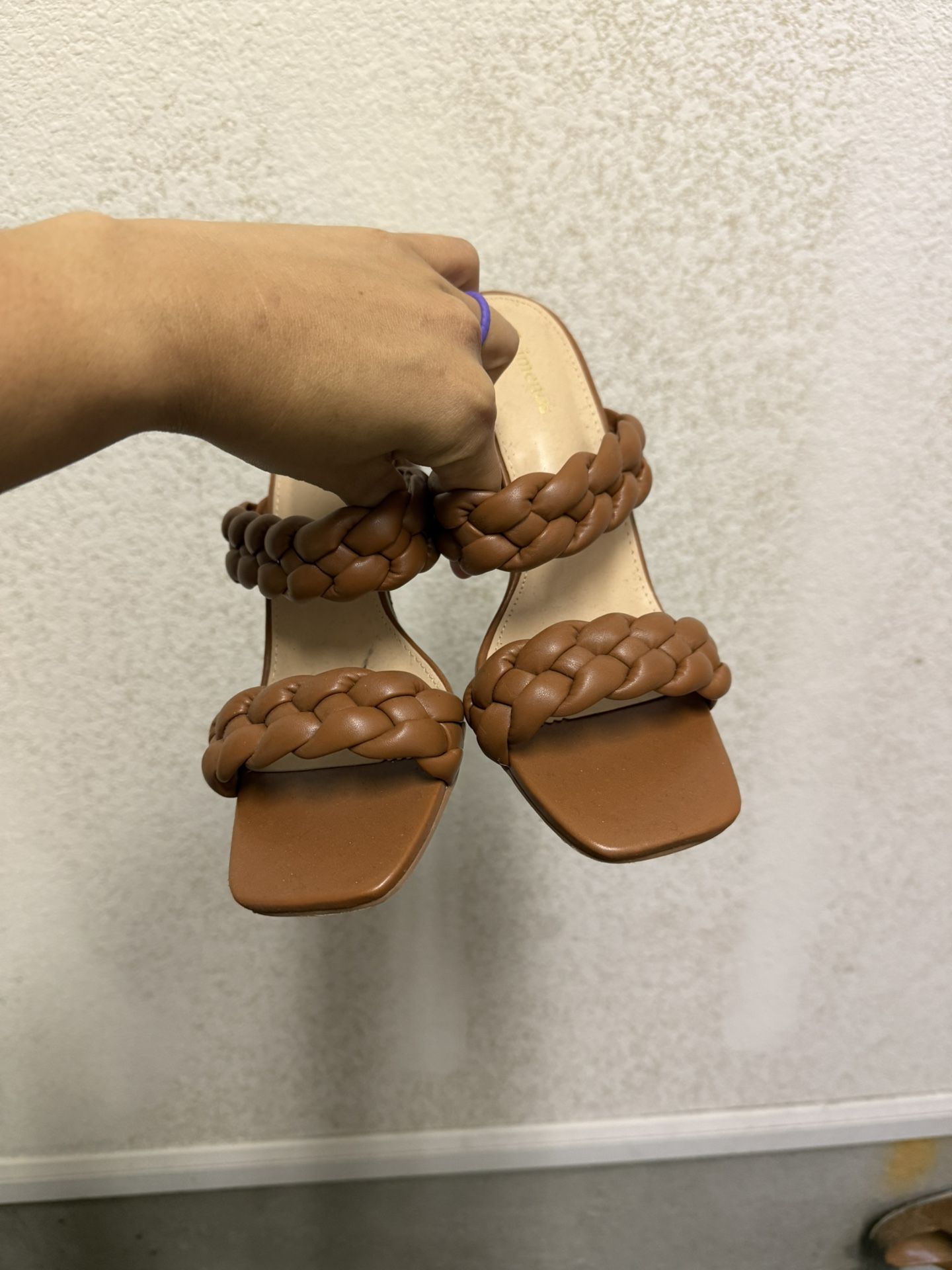 Women's Braided Heeled Sandals Backless Square Open Toe Braided Heels Strappy Slip On Block Heels Size 9 Tan