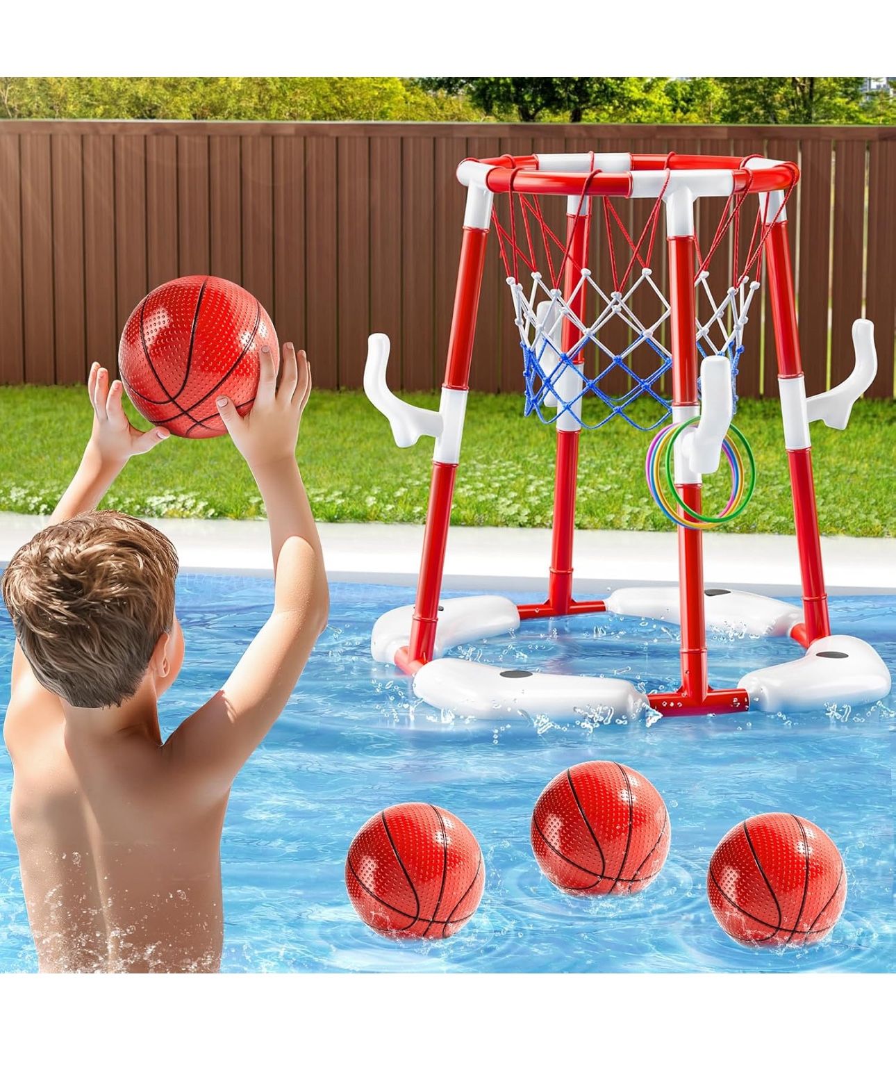 Swimming Pool Basketball Hoop Toy for Kids 2 3 4 5 6 Years Old - Floating Pool Basketball Game Toys with 4 Balls Air-Pump, Outdoor Play, Poolside Summ