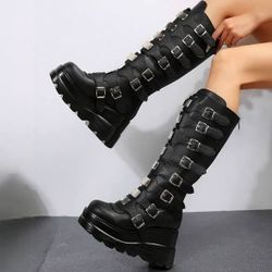 Punk Black Wedge Boots For Women, Multi buckle
