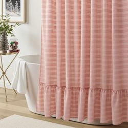 Treory Elegant Shower Curtain Set: Pink Wave Jacquard Shower Curtain with Soft Ruffle Accents, Romantic Bathtub Curtains Bathroom Decorations Rustic H