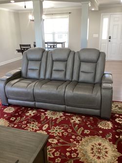 Gray Power Reclining Home Theater Sofa with Console Adjustable Headreast & Lumbar LED lights LOADED!